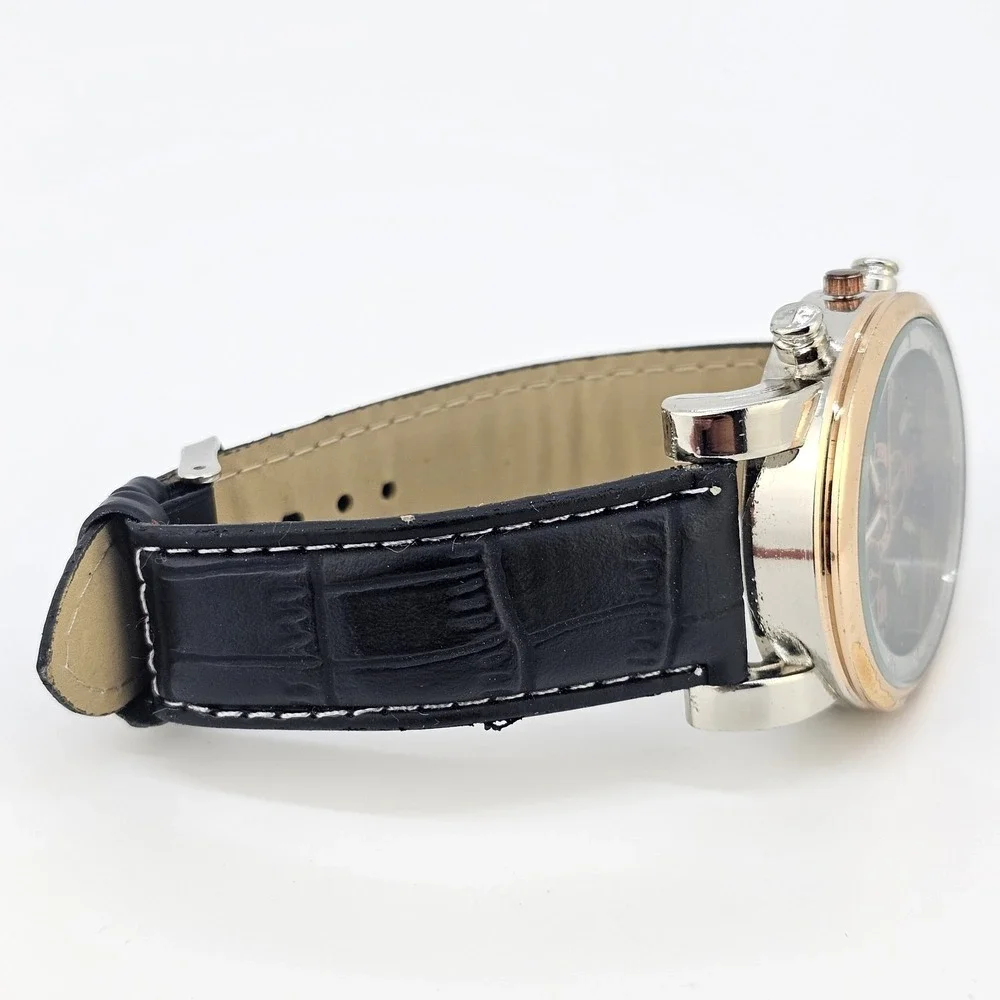 Men's Analog Watch 43MM Black Dial‎ Black Faux Leather Bands New Battery
